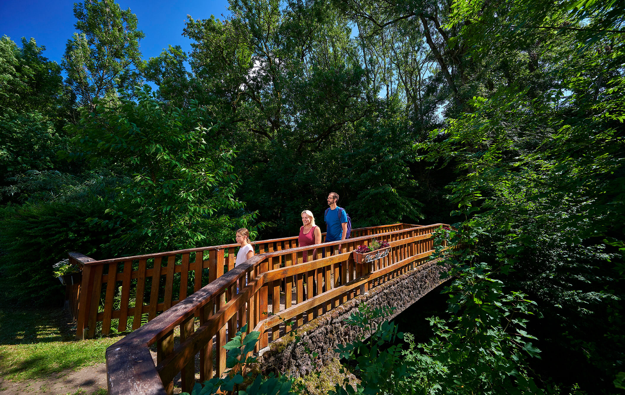 Wanderer auf einer Holzbrücke im Grünen bei Strohn in der Vulkaneifel